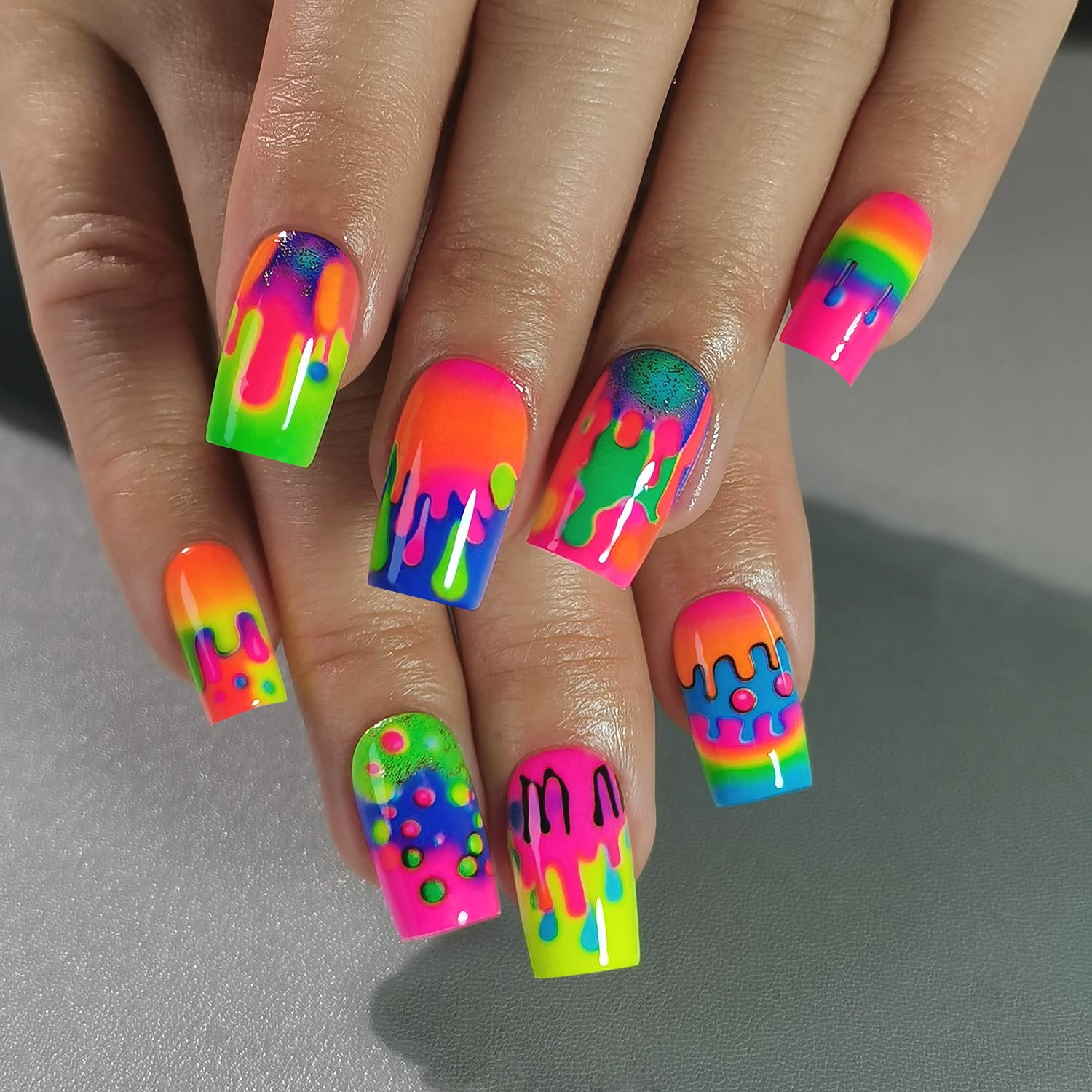 Curvlife medium square neon 1 False Nails patterns prints green