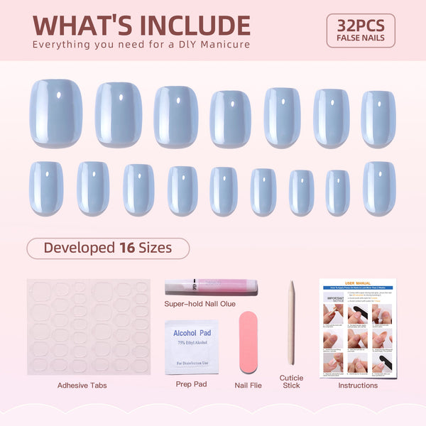 Gel-Press-On-Nägel, 16 Größen, 32-teiliges Set, XNQC120