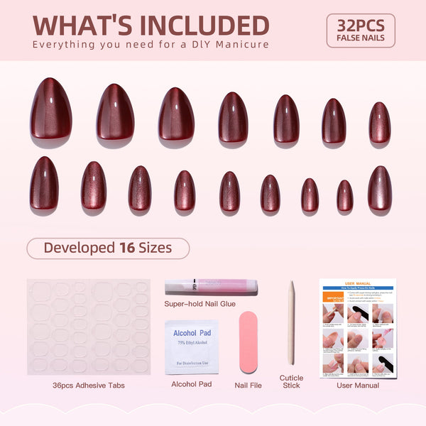 Gel-Press-On-Nägel, 16 Größen, 32-teiliges Set, XNMY204