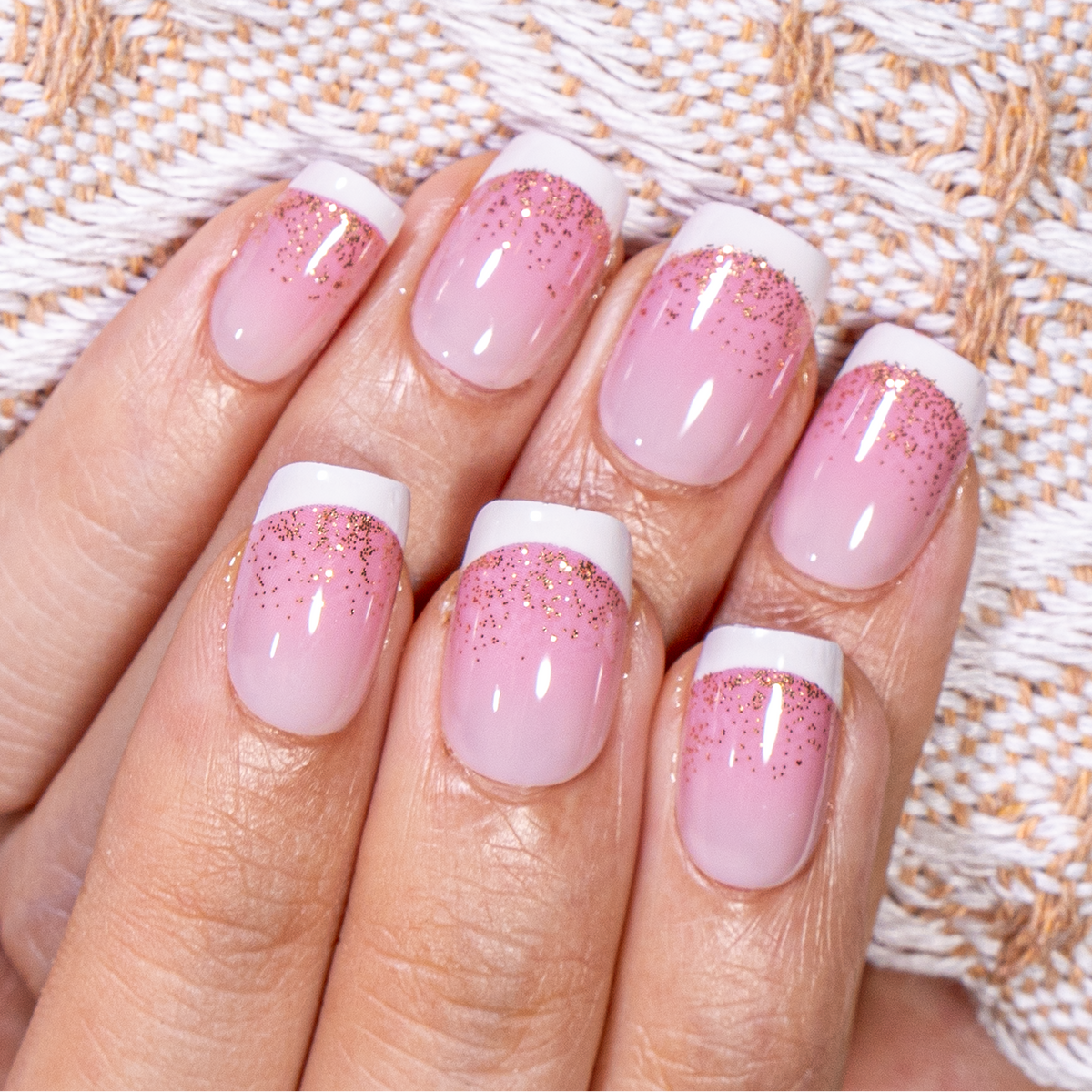 Pink French Nails with Sparkling Glitter