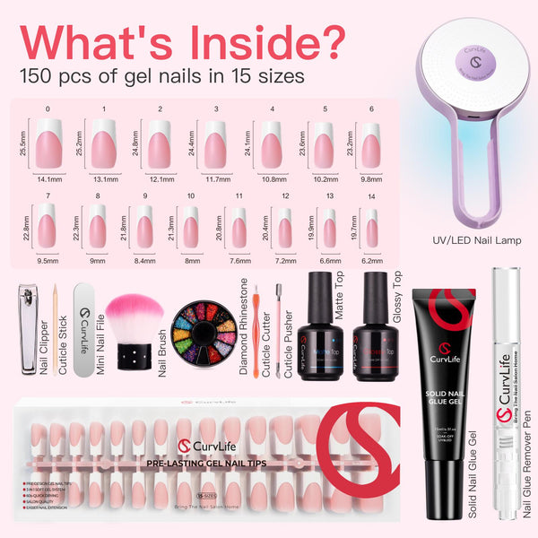 French Tips Kit – 150pcs CurvLife X-Pro Soft Gel Tips with Pre-Applied Primer, Matte & Glossy Top Coat, Solid Nail Glue Gel, UV LED Lamp, Nail File, Brush & Tools ZT-026-03-Kit