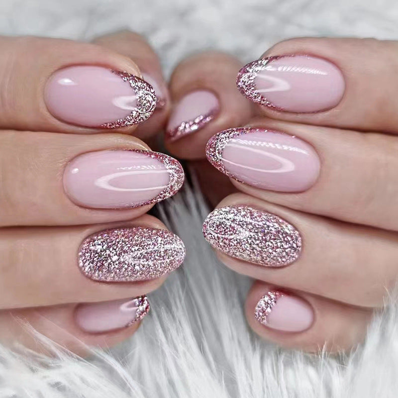 Nails Art Ideas Almond French Glitter Medium Pink Press On Nails W495