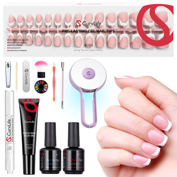 French Tips Kit – 150pcs CurvLife X-Pro Soft Gel Tips with Pre-Applied Primer, Matte & Glossy Top Coat, Solid Nail Glue Gel, UV LED Lamp, Nail File, Brush & Tools ZT-025-03-Kit