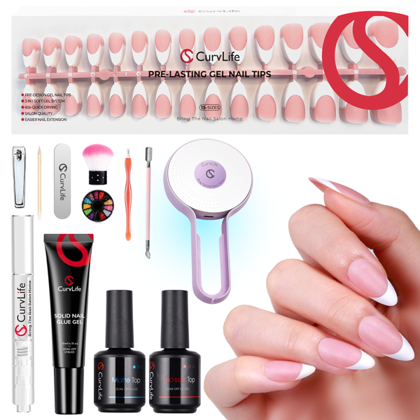 French Tips Kit – 150pcs CurvLife X-Pro Soft Gel Tips with Pre-Applied Primer, Matte & Glossy Top Coat, Solid Nail Glue Gel, UV LED Lamp, Nail File, Brush & Tools X004ERO9D5-Kit