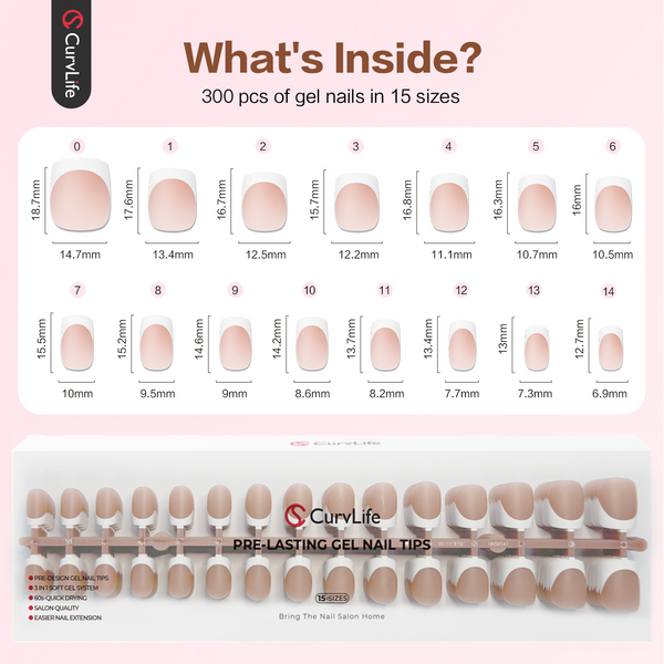 French Tips 300Pcs |15 Sizes |10 Sets Long Square Nail