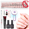French Tips Kit – 150pcs CurvLife X-Pro Soft Gel Tips with Pre-Applied Primer, Matte & Glossy Top Coat, Solid Nail Glue Gel, UV LED Lamp, Nail File, Brush & Tools X004ERL393-Kit