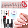 French Tips Kit–150pcs CurvLife X-Pro Soft Gel Tips with Pre-Applied Primer, Matte & Glossy Top Coat, Solid Nail Glue Gel, UV LED Lamp, Nail File, Brush & Tools X004ERO8ZJ-Kit