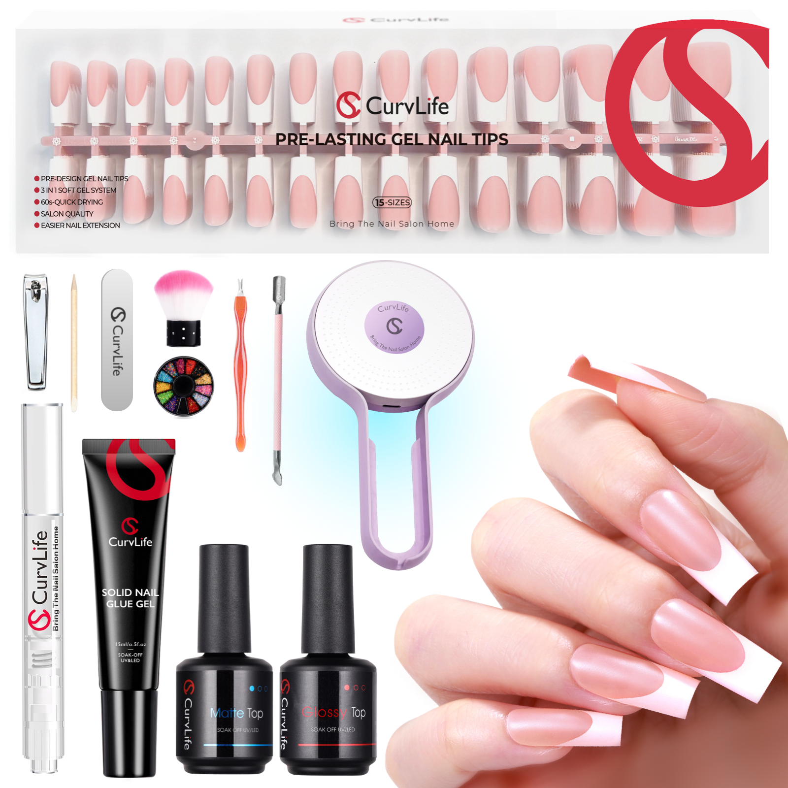 French Tips Kit–150pcs CurvLife X-Pro Soft Gel Tips with Pre-Applied Primer, Matte & Glossy Top Coat, Solid Nail Glue Gel, UV LED Lamp, Nail File, Brush & Tools X004ERO8ZJ-Kit
