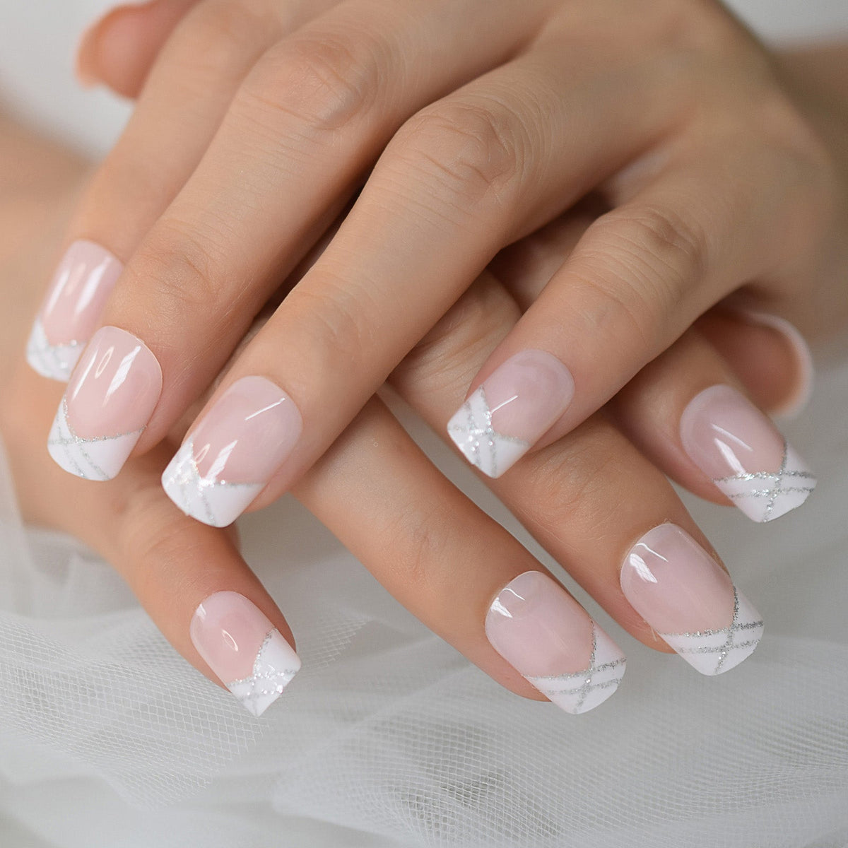 Nails Art Ideas Chevron French Glossy Line & Plaid Medium Squoval White ...