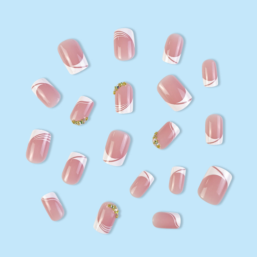 Nails Art Ideas Diamond French Line & Plaid Pink Short Square wk26hot ...